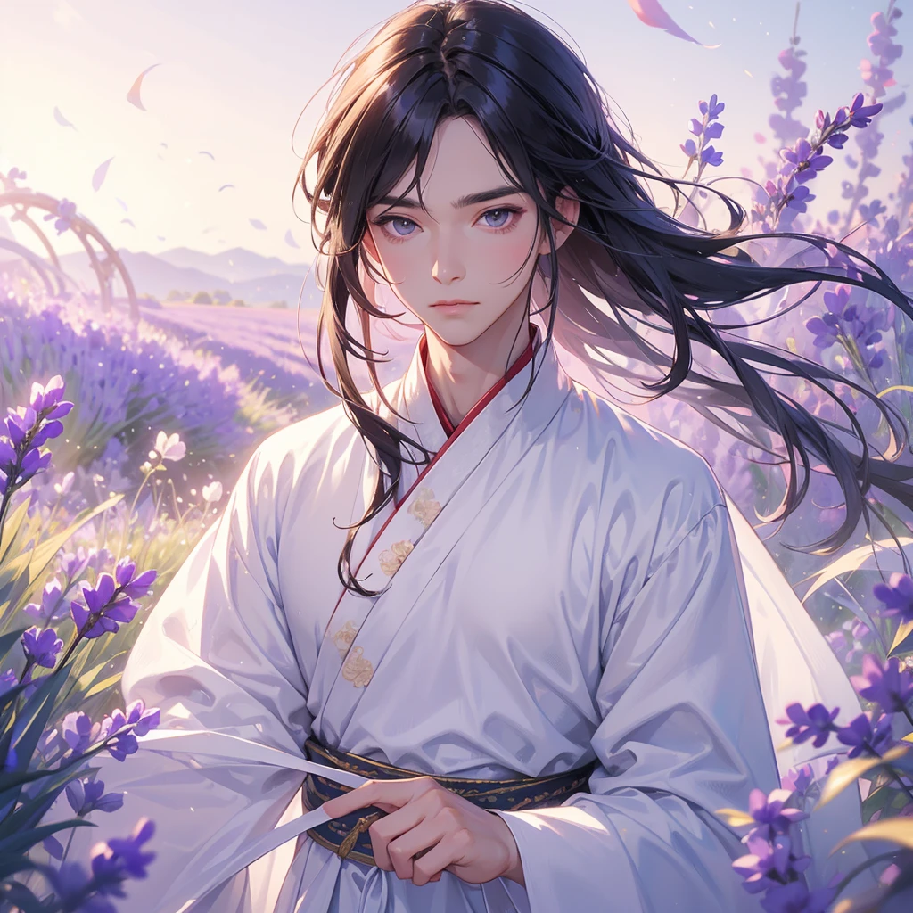 A handsome male in white hanfu dress , Standing in the middle of lavender fields, close up.