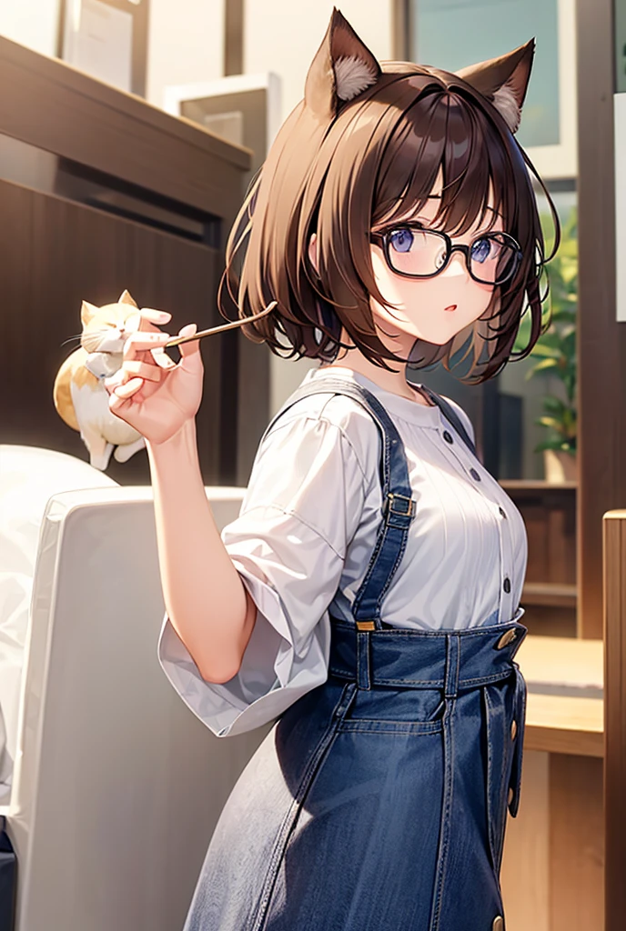 One person, first round、bangs, Brown Hair、short hair、、Cat ear、Glasses