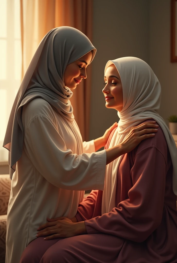 A Muslim girl massaging her mother's shoulders