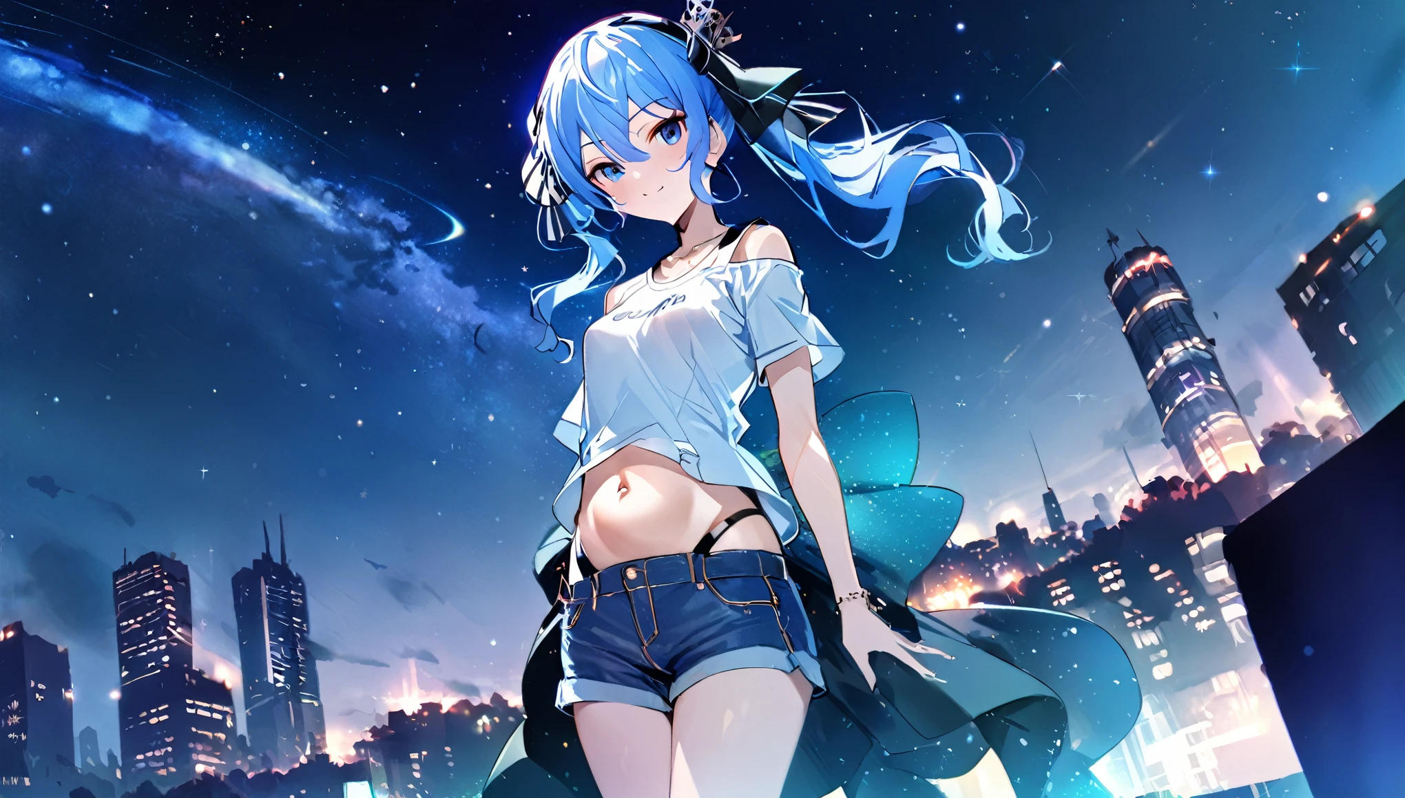 (8k、Best image quality、highest quality、masterpiece)、Detailed face、 1girl、Blue Hair、Long Hair、sideponytail、dark_blue_eyes、smile,(navel:0.6),Moderate_torso、small_breasts,((White T-shirt))、Off the shoulder、Black shoulder straps、(open_front_denim_short_shorts:1.2)、Cowboy Shot、Shoot from below、City Background, starry_sky_landscape ,hoshimachi suisei, slender,(covered_nipples:0.3), (belly button:1.2),nihil,solo,stargaze,girl_looking_up_sky,(abs:0.6)