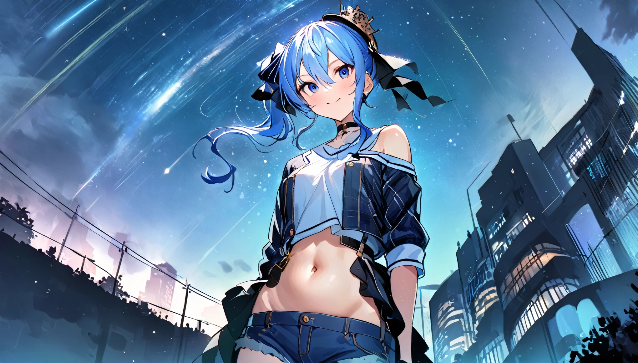 (8k、Best image quality、highest quality、masterpiece)、Detailed face、 1girl、Blue Hair、Long Hair、sideponytail、dark_blue_eyes、smile,(navel:0.6),Moderate_torso、small_,((White T-shirt))、Off the shoulder、Black shoulder straps、(open_front_denim_short_shorts:1.2)、Cowboy Shot、Shoot from below、City Background, starry_sky_landscape ,hoshimachi suisei, slender,(covered_nipples(belly button:1.2),nisolo,stargaze,girl_looking_up_sky,(abs:0.6)