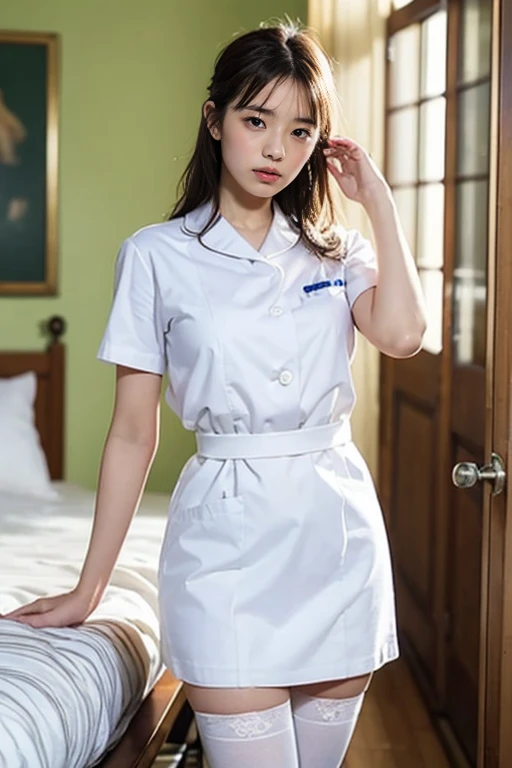 masterpiece, best quality, illustration, Super detailed, fine details, High resolution, 8K,wall paper, perfect dynamic composition,(Details High quality, realistic depiction of eyes:1.3), Hospital Rooms、White nurse cap、White tights、White nurse uniform、standing、Hand skirt、Flipping up a white skirt, large breasts,(updo), black hair color, Big Natural Color Lip, bold sexy pose, crying a little、20 year old girl、cute type、beautiful legs, hposing Gravure Idol,((はち切れんばかりの胸))