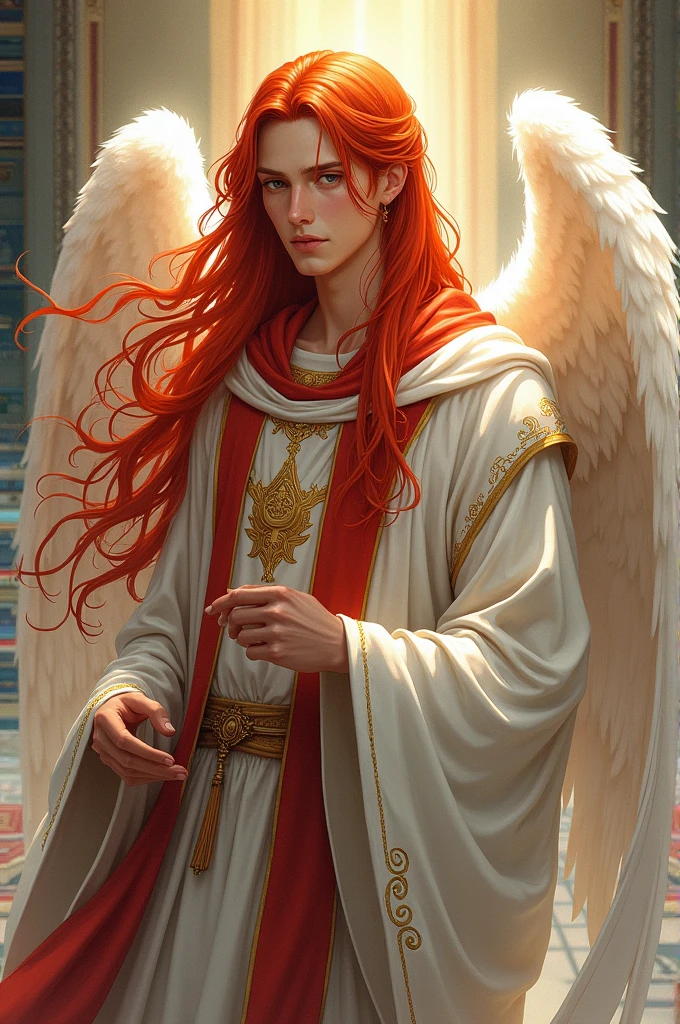 Long red haired angel . Male. Wearing priest clothes. Skinny. (Manga)