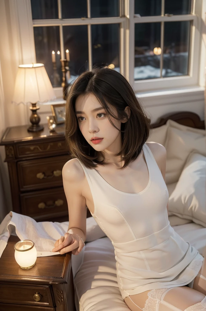 (((best quality))),(((ultra detailed))),(((masterpiece))),illustration,((1 beautiful girl,solo)),(medium straight bob hair:1.2),((slim,thin)),((small breasts,flat chest)),(sitting on the bed:1.3),(in bedroom:1.3),(white sheer dress:1.3),(stockings:1.3),(slender legs:1.2),distant look,lost in thought,tastefully decorated,warm,inviting color palette,soft beige walls,luxurious comforter,deep gold color,nightstand,lamp,book,dresser,open window,glimpse of garden,calm atmosphere,peaceful,underlying tension,confusion,internal conflict,stark contrast,warmth of room,coldness of gaze,introspection,inner turmoil,complex emotions,(night scene:1.5),((from front,upper body))