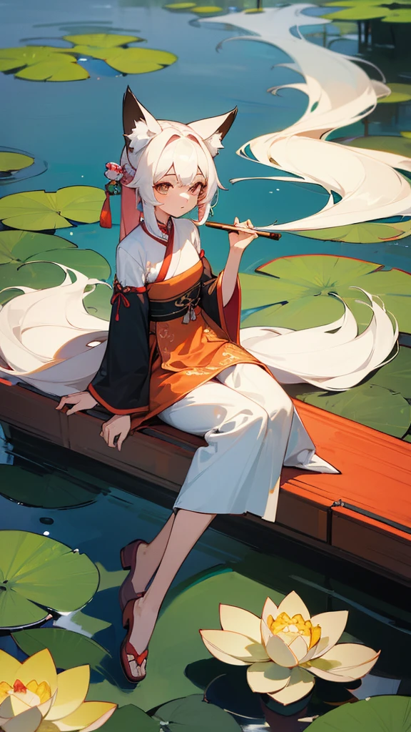 absurdres, highres, ultra detailed, (1girl:1.3), hand drawn, simple line, girl in colorful Chinese Hanfu, sexy girl with fox ears, at the lotus pond, masterpiece, sitting in water, floating clothes, floating hair
