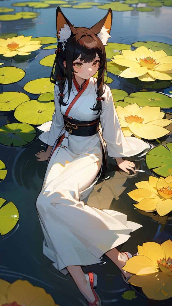 absurdres, highres, ultra detailed, (1girl:1.3), hand drawn, simple line, girl in colorful Chinese Hanfu, sexyl with fox ears, at the lotus pond, masterpiece, sitting in water, floating clothes, floating hair