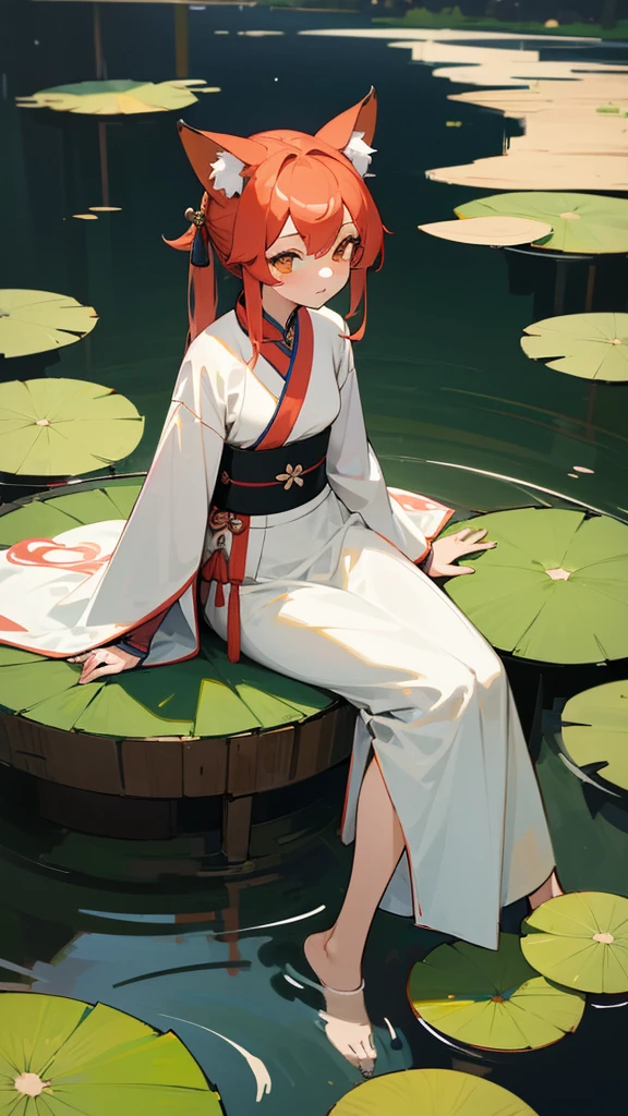 absurdres, highres, ultra detailed, (1girl:1.3), hand drawn, simple line,  girl in colorful Chinese Hanfu, sexy girl with fox ears, at the lotus pond, masterpiece, sitting in water, floating clothes, floating hair