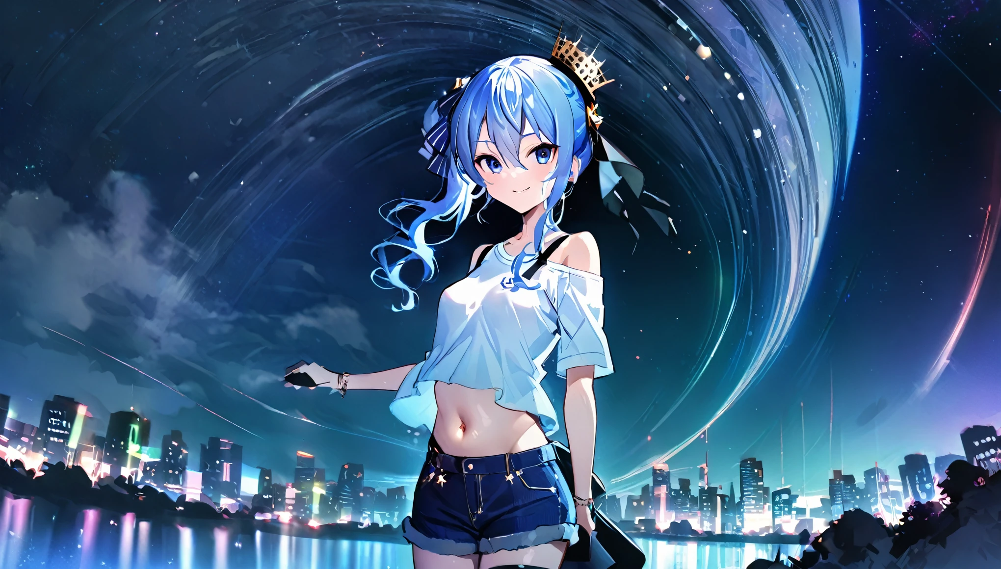 (8k、Best image quality、highest quality、masterpiece)、Detailed face、 1girl、Blue Hair、Long Hair、sideponytail、dark_blue_eyes、smile,(navel:0.6),Moderate_torso、small_breasts,((White T-shirt))、Off the shoulder、Black shoulder straps、(open_front_denim_short_shorts:1.2)、Cowboy Shot、Shoot from below、City Background, starry_sky_landscape ,hoshimachi suisei, slender,(covered_nipples:0.3), (belly button:1.2),nihil,solo,stargaze,girl_looking_up_sky,(abs:0.6)