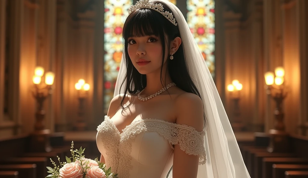 (masterpiece:1.3), (best quality:1.2), very aesthetic, (ultra high resolution:1.2), (extremely details:1.2), (intricate detailed:1.3), realistic, ray tracing, volumetric lighting, ambient occlusion, beautiful artwork, 3DCG, depth of field, 1girl, (holding bouquet:1.1), milf, solo, detailed beautiful face, detailed beautiful black eyes, black hair, straight long hair, blunt bangs, detailed beautiful oily skin, plump, (gigantic breasts:1.4), (sagging breasts:1.2), ruanyi0261, off-shoulder dress, pearl \(gemstone\), tiara, veil, silk, wedding dress, indoors, chapel, stained glass, torch, bridal ceremony,