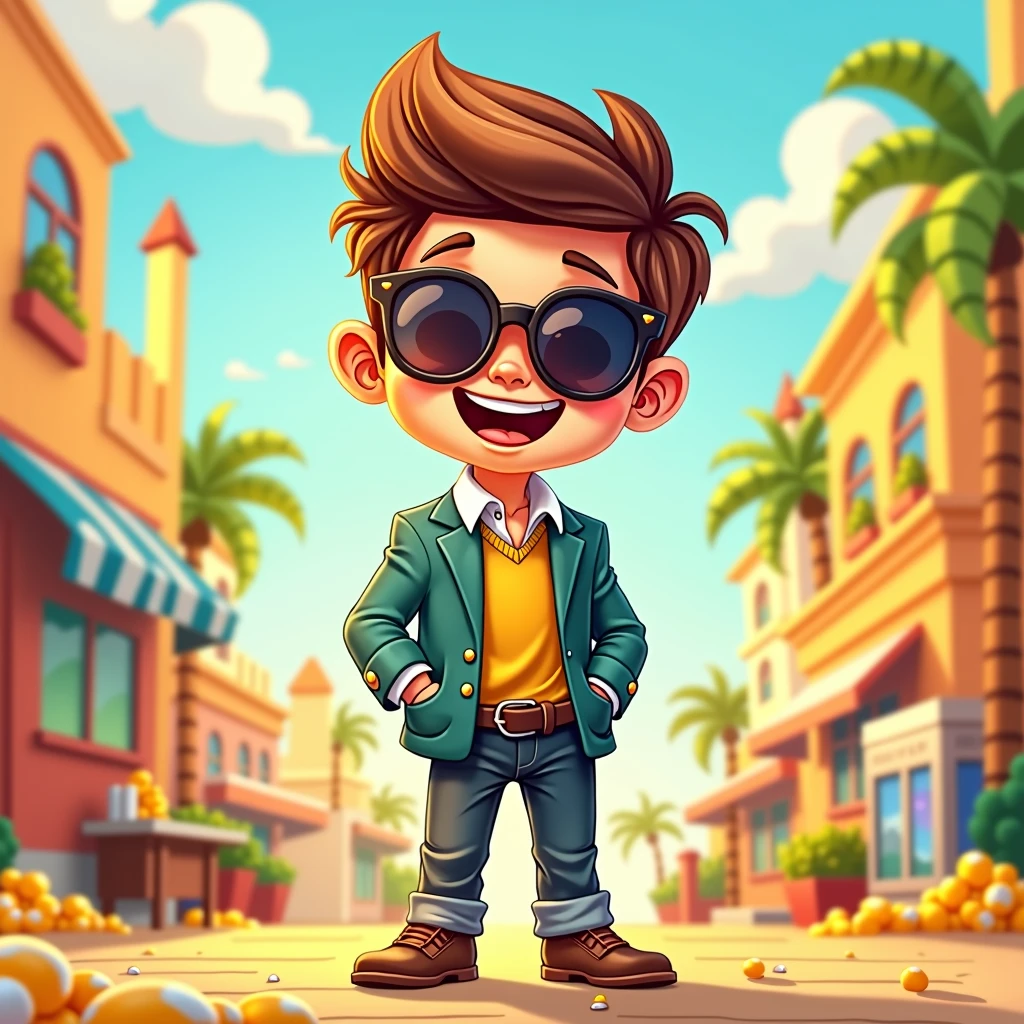 A lucky boy,Cartoon,Wear sunglasses,rich,Bright background