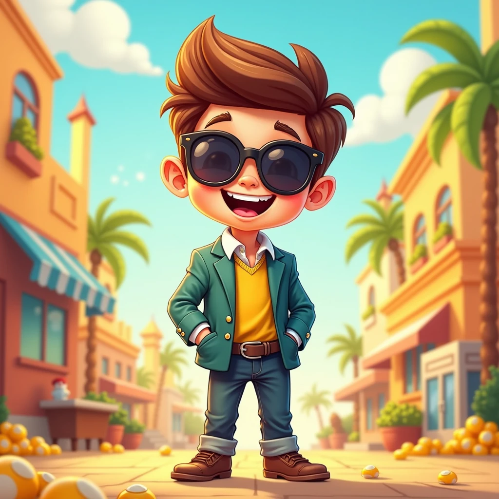 A lucky boy,Cartoon,Wear sunglasses,rich,Bright background