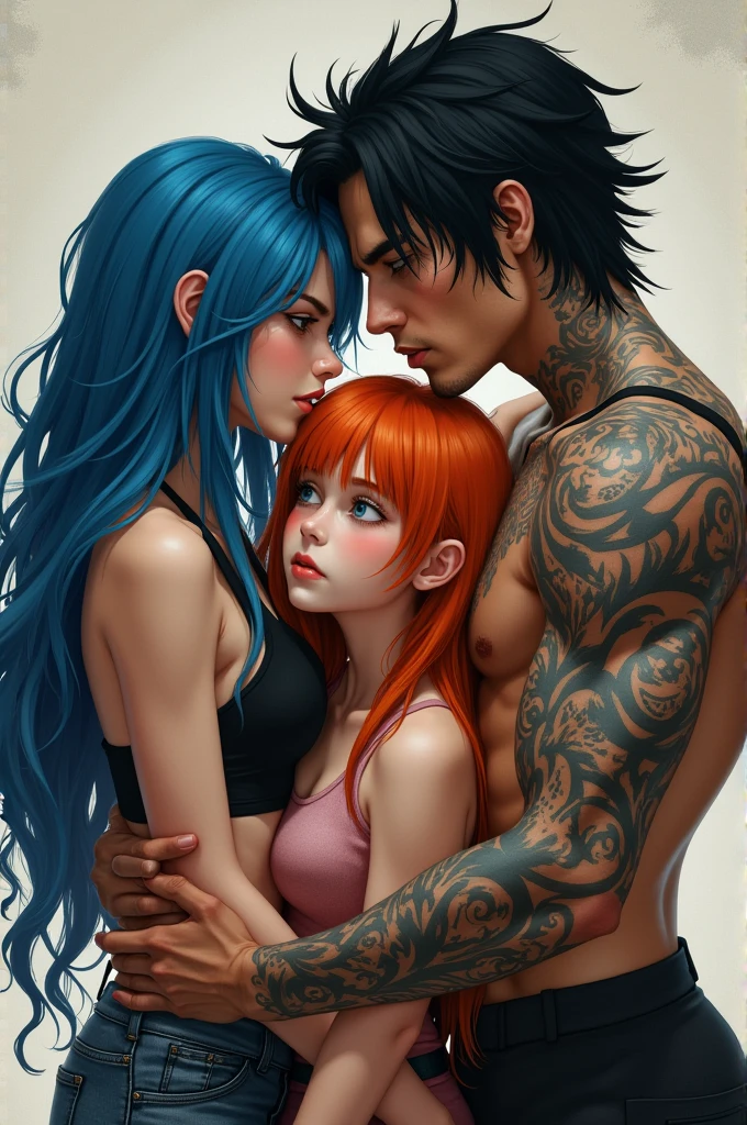 A girl with long blue hair, rough in appearance, high,A high boy with messy black hair and high intimidating appearance,tattoos, Both smiling and in the middle of them they hug and look lasciviously at a beautiful and innocent girl with orange hair,blushing and nervous wearing pink.All of them look adult and attractive..