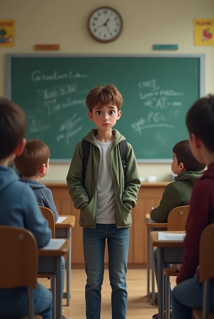 Generate a image where a high is being asked questions and he is standing and the image would be from teachers view