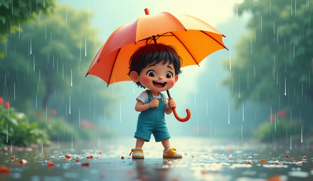 U is for Umbrella, keeping us dry:
"A colorful umbrella held by a cartoon child, shielding them from a gentle rain, with raindrops bouncing off and puddles forming on the ground."