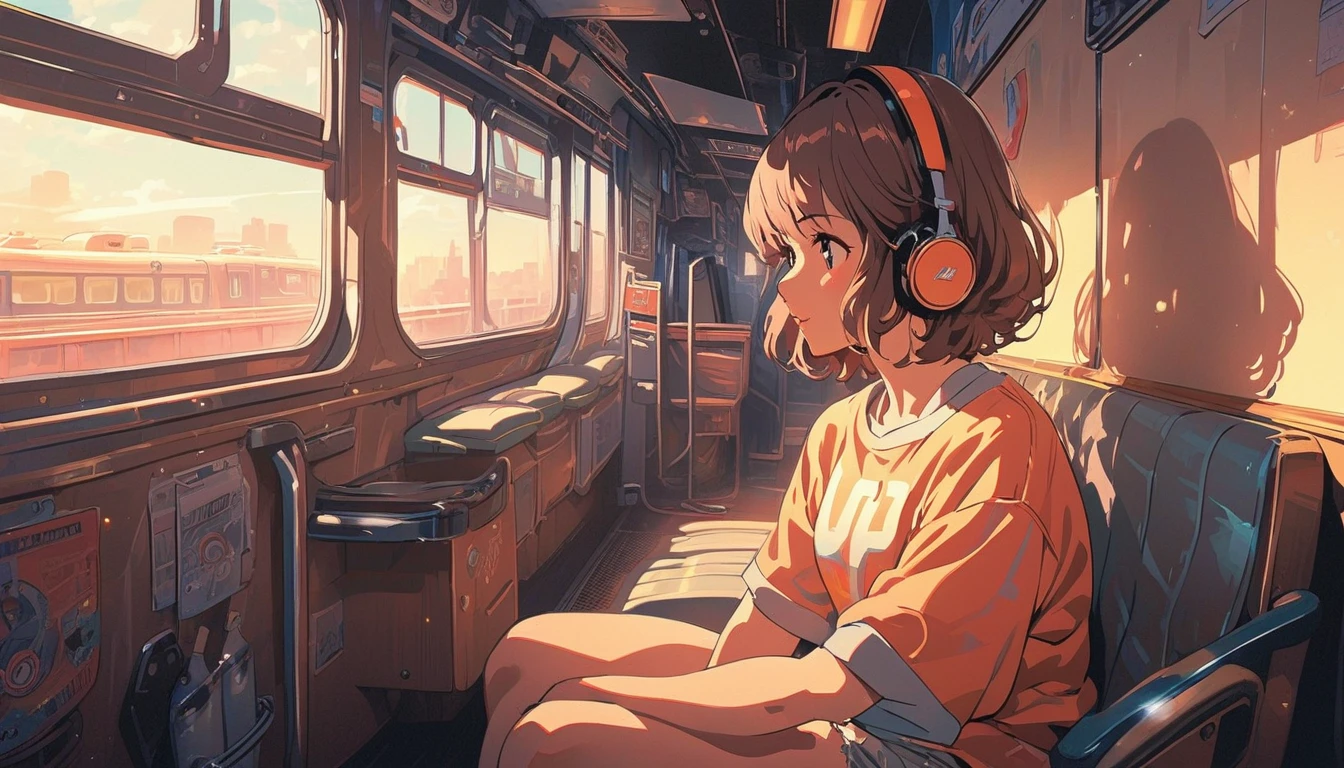 (extremely detailed CG unity 8k wallpaper), (best quality), (best illustration), (best shadow), realistic lighting, beautiful detailed reglow, masterpiece, best quality, lofi artstyle, lofi art, 80s anime style, Retro, Lo-Fi, 1girl, solo, short hair, brown hair, sitting, window, headphones, ground vehicle, train interior, anime