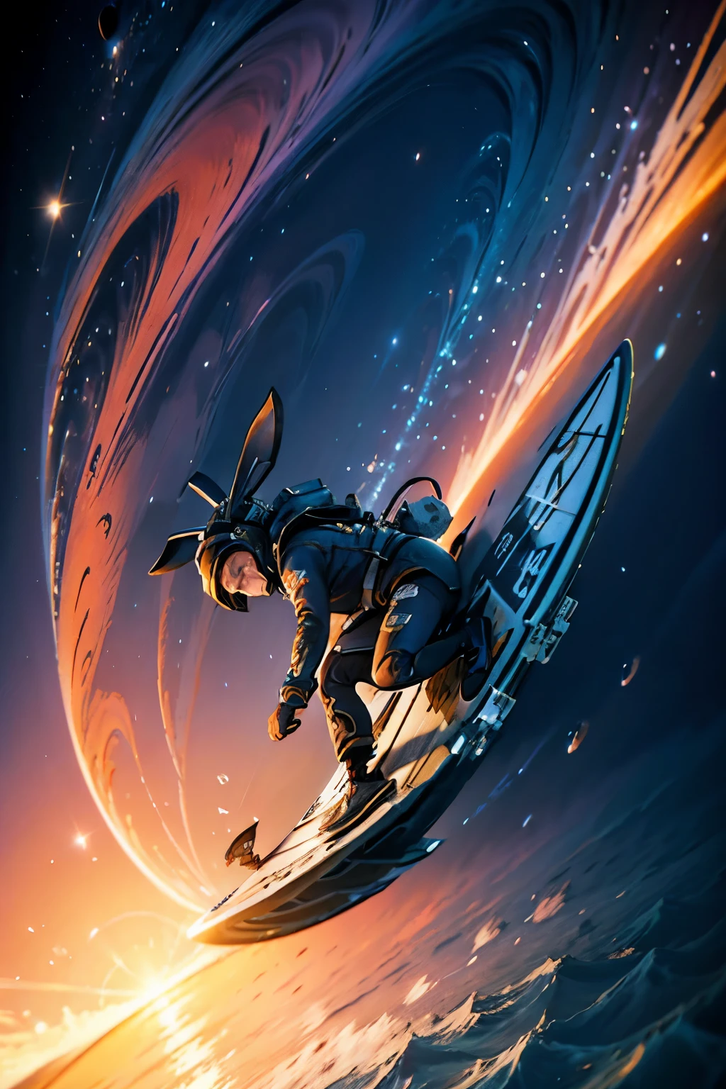 bunny, surfing in space, inspired by Cyril Rolando, Shutterstock, highly-detailed illustration, full color illustration, very detailed illustration, Dan Mumford and Alex Gray Style