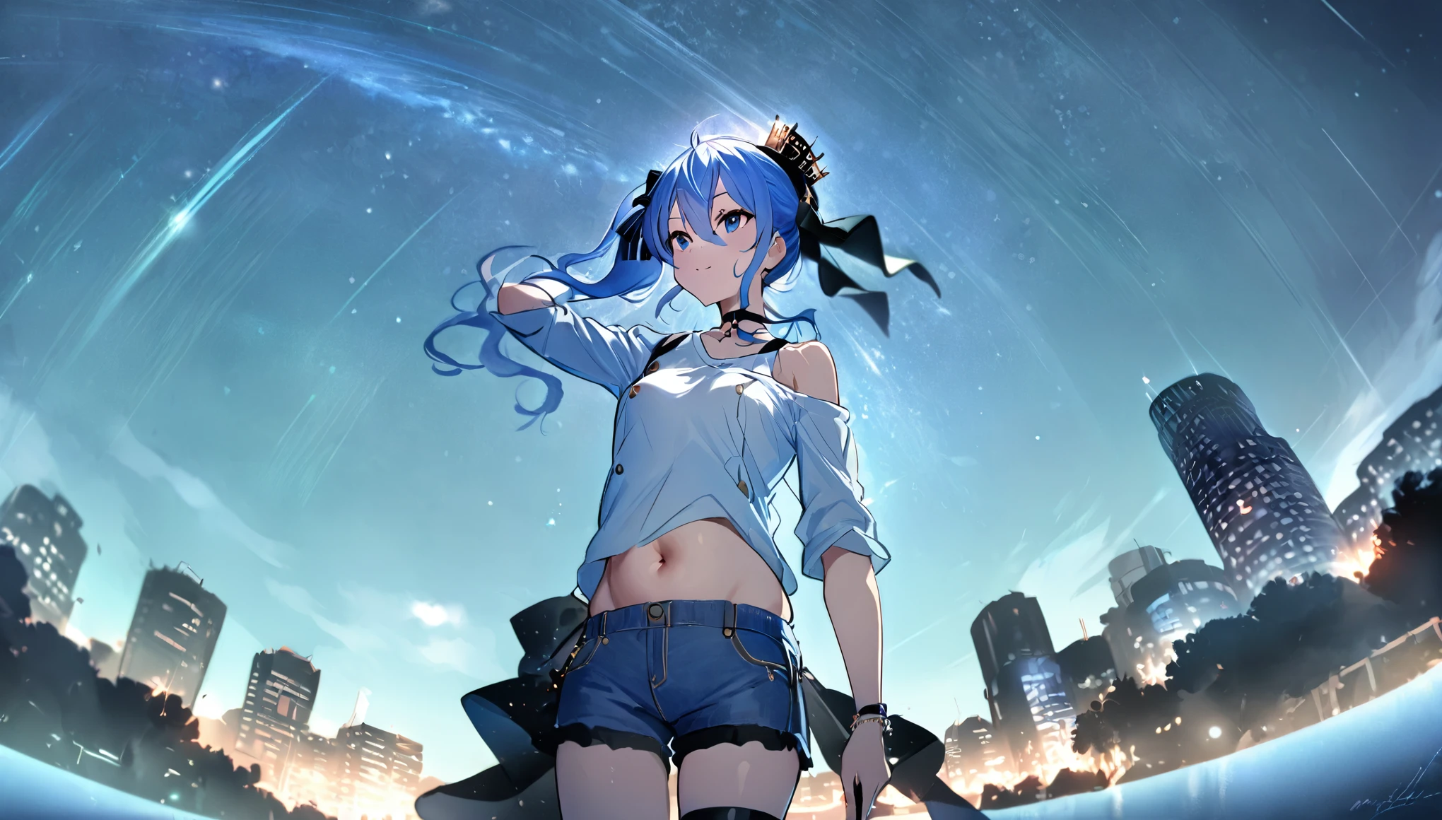 (8k、Best image quality、highest quality、masterpiece)、Detailed face、 1girl、Blue Hair、Long Hair、sideponytail、dark_blue_eyes、smile,(navel:0.6),Moderate_torso、small_breasts,((White T-shirt))、Off the shoulder、Black shoulder straps、(open_front_denim_short_shorts:1.2)、Cowboy Shot、Shoot from below、City Background, starry_sky_landscape ,hoshimachi suisei, slender,(covered_nipples:0.3), (belly button:1.2),nihil,solo,stargaze,girl_looking_up_sky,(abs:0.6)