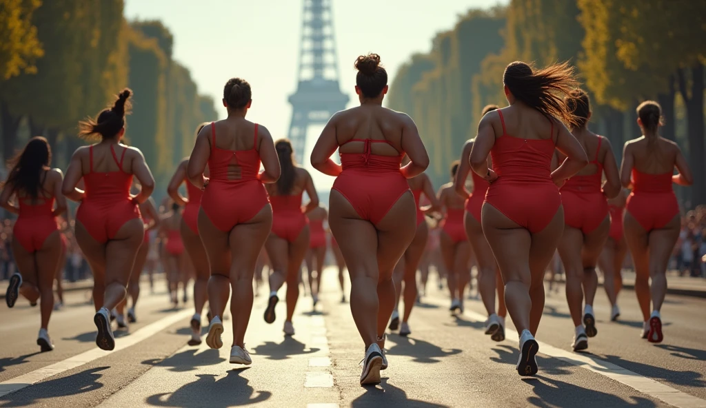 drone photography,professional camera angle,Olympic athlete,fat females Olympic marathon race,with a large breasts, big breasts!, thicc,alluring plus sized model, fat voluptuous body,fat women marathon race on Champs Elysées paris city