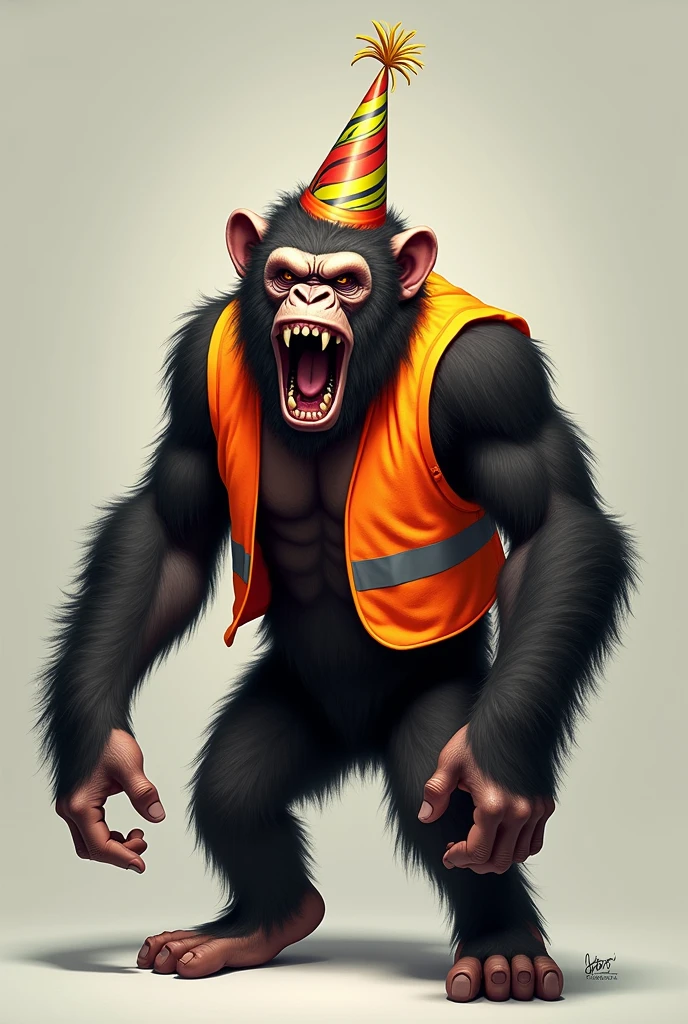 Ape that looks crazy, wearing safety vest and party hat