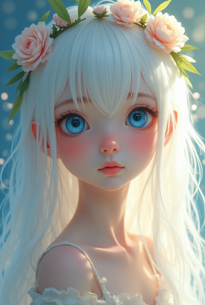 White hair, cute, teenager, blue eyes, flower crown, pouring light, turning around, smiling