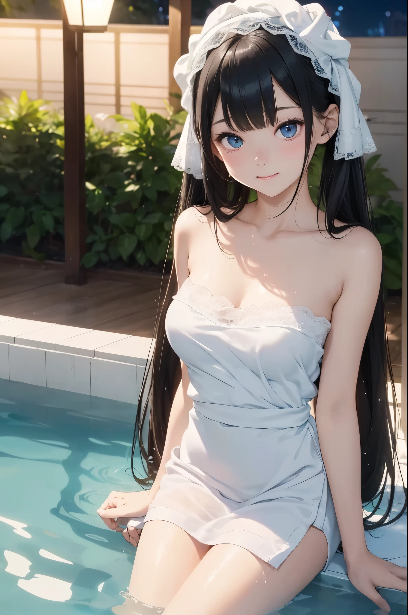 ((masterpiece)), ((highest quality、Ultra high definition)), (Very detailed),((8k、Photo quality))、((Amazingly cute girl))、(-yeld gi)、Two people, , (Beautiful emerald blue eyes), ((smile)),((A luxurious Japanese-style open-air bath at a high-class hotel)), Beautifully arranged black hair in twin tails、Slim Body、(Cute little breasts)、(((They are wearing a white bath towel wrapped around their body.)))、Professional Lighting、(White lace knee-highore detailed and beautiful)、(More details and cutenesore realistic)、((Just wear light clothing))、Frolic in the pool、(Too cute)、(The embodiment of cuteness)、(Godly cuteness)、((Night view))、((It seems visible but it&#39;s not))、