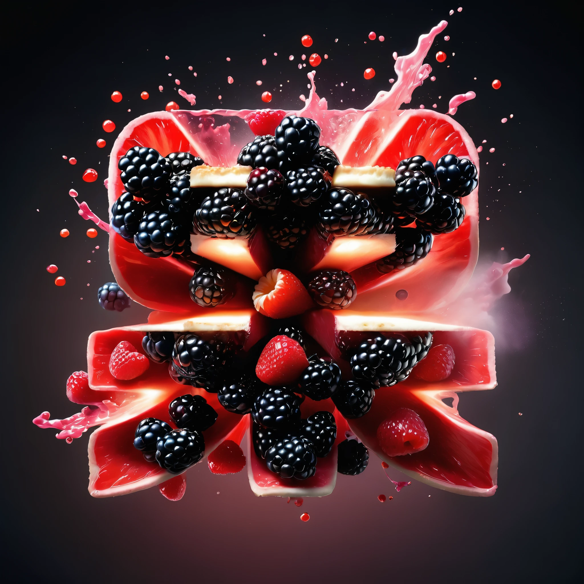Commercial Photography, Intense red blood explosion, Giant Blackberry、raspberry、strawberry、blueberry、Cherry in the center of the explosion, White lighting, Studio Lighting, 8k Octane Rendering, High-resolution photography, Fine details, Extremely detailed, On black isolated plane, picture, Professional color correction