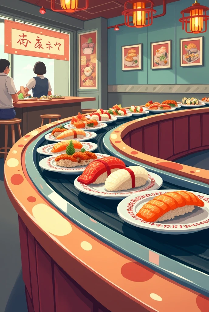 Illustration of a conveyor belt sushi restaurant with plates lined up　A plate without sushi on it. Large and cute design.