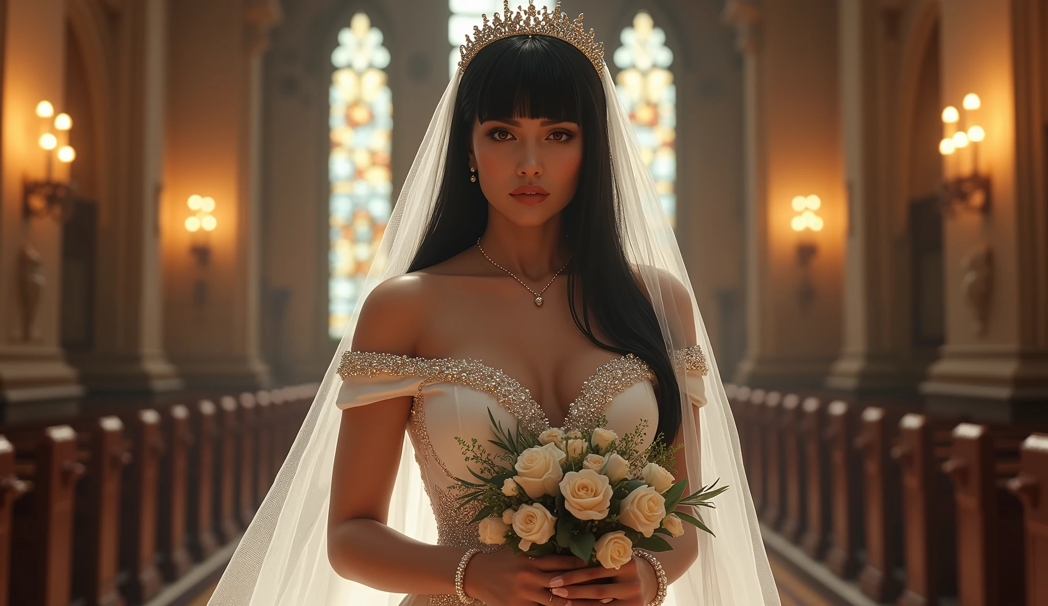 (masterpiece:1.3), (best quality:1.2), very aesthetic, (ultra high resolution:1.2), (extremely details:1.2), (intricate detailed:1.3), realistic, ray tracing, volumetric lighting, ambient occlusion, beautiful artwork, 3DCG, depth of field, 1girl, (holding bouquet:1.1), milf, solo, detailed beautiful face, detailed beautiful black eyes, black hair, straight long hair, blunt bangs, detailed beautiful oily skin, plump, (gigantic breasts:1.4), (sagging breasts:1.2), ruanyi0261, off-shoulder dress, pearl \(gemstone\), tiara, veil, silk, wedding dress, indoors, chapel, stained glass, torch, bridal ceremony,
