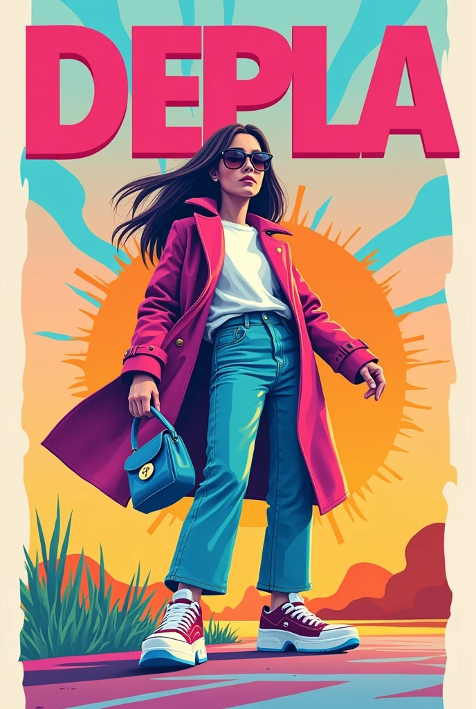 Create a poster image for a high-end fashion shop named 'DEPLA'. The image should be designed as a Facebook cover photo, featuring the word 'DEPLA' prominently in a stylish and vibrant font. The overall design should be youthful and energetic, reflecting a trendy and dynamic fashion style. Use bright and lively colors such as pastel shades or bold contrasts, and include elements like fashionable clothing or accessories that appeal to a younger audience. The style should be modern and fresh, capturing the spirit of a youthful, high-end fashion brand.