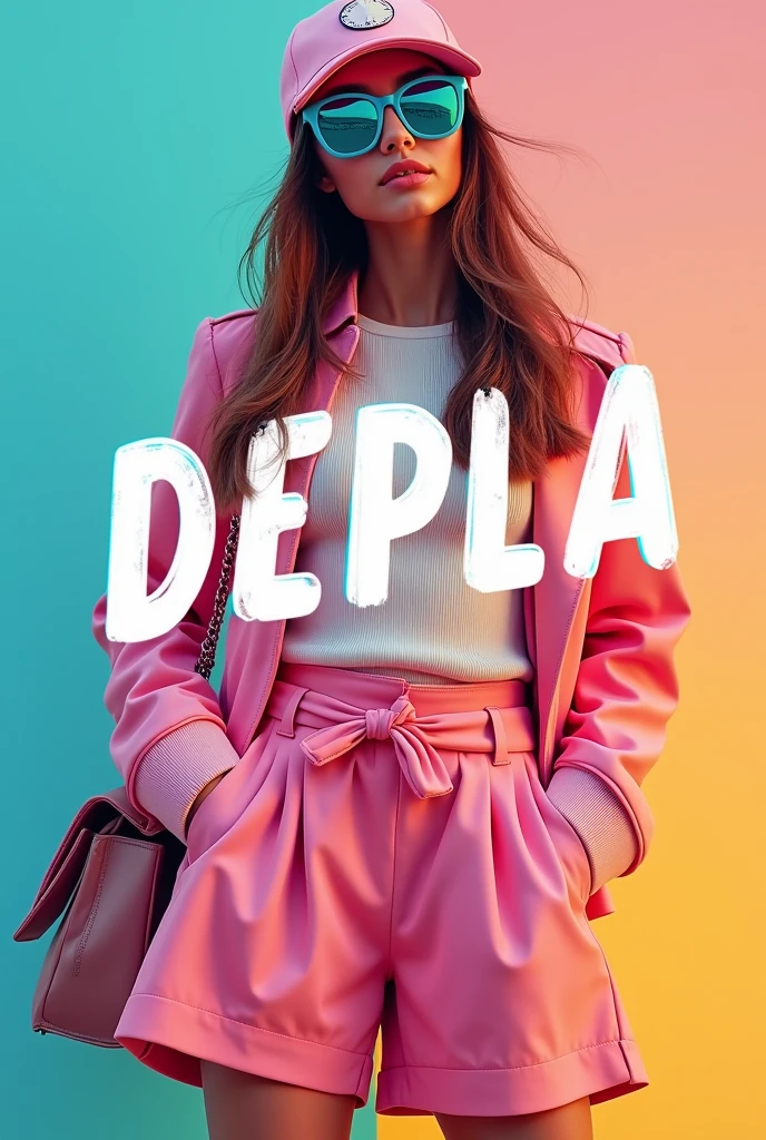 Create a poster image for a high-end fashion shop named 'DEPLA'. The image should be designed as a Facebook cover photo, featuring the word 'DEPLA' prominently in a stylish and vibrant font. The overall design should be youthful and energetic, reflecting a trendy and dynamic fashion style. Use bright and lively colors such as pastel shades or bold contrasts, and include elements like fashionable clothing or accessories that appeal to a younger audience. The style should be modern and fresh, capturing the spirit of a youthful, high-end fashion brand.
