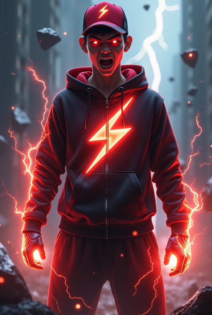 Malaysia man. real . 17 Malaysiandonesia. (Red eyes)Glowing eyes red. Anger face. Open mouth . wearing an (black red) black red design thunder zip-up shirt. Hoodie. Black red lightning design .thunders red design shirt, (black red) red black stripe cap with small(thunder red) logo, detailed face. Glowing eyes.. black cargo pant , cinematic lighting, dramatic atmosphere. Holding thunder logo on hand, vibrant colors, 8k, high quality, photorealistic. . Hero suit. ((Two lightning thunder red shape. Red black pant stripe thunder. Red thunder everywhere. Dark sky. .jeans pants. Very strong.two hand glowing lightning strike power red . Future design dress. Very epic. Thunder redeverywhere. Shaking photography effect. Floating rock everywhere. . Cracking road