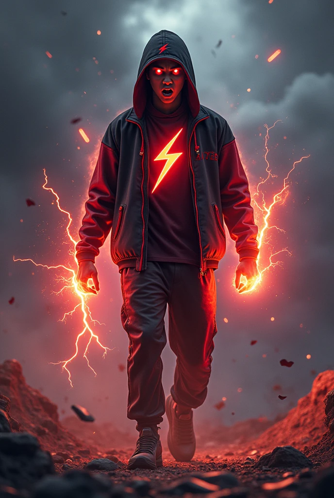 Malaysia man. real . 17 Malaysiandonesia. (Red eyes)Glowing eyes red. Anger face. Open mouth . wearing an (black red) black red design thunder zip-up shirt. Hoodie. Black red lightning design .thunders red design shirt, (black red) red black stripe cap with small(thunder red) logo, detailed face. Glowing eyes.. black cargo pant , cinematic lighting, dramatic atmosphere. Holding thunder logo on hand, vibrant colors, 8k, high quality, photorealistic. . Hero suit. ((Two lightning thunder red shape. Red black pant stripe thunder. Red thunder everywhere. Dark sky. .jeans pants. Very strong.two hand glowing lightning strike power red . Future design dress. Very epic. Thunder redeverywhere. Shaking photography effect. Floating rock everywhere. . Cracking road