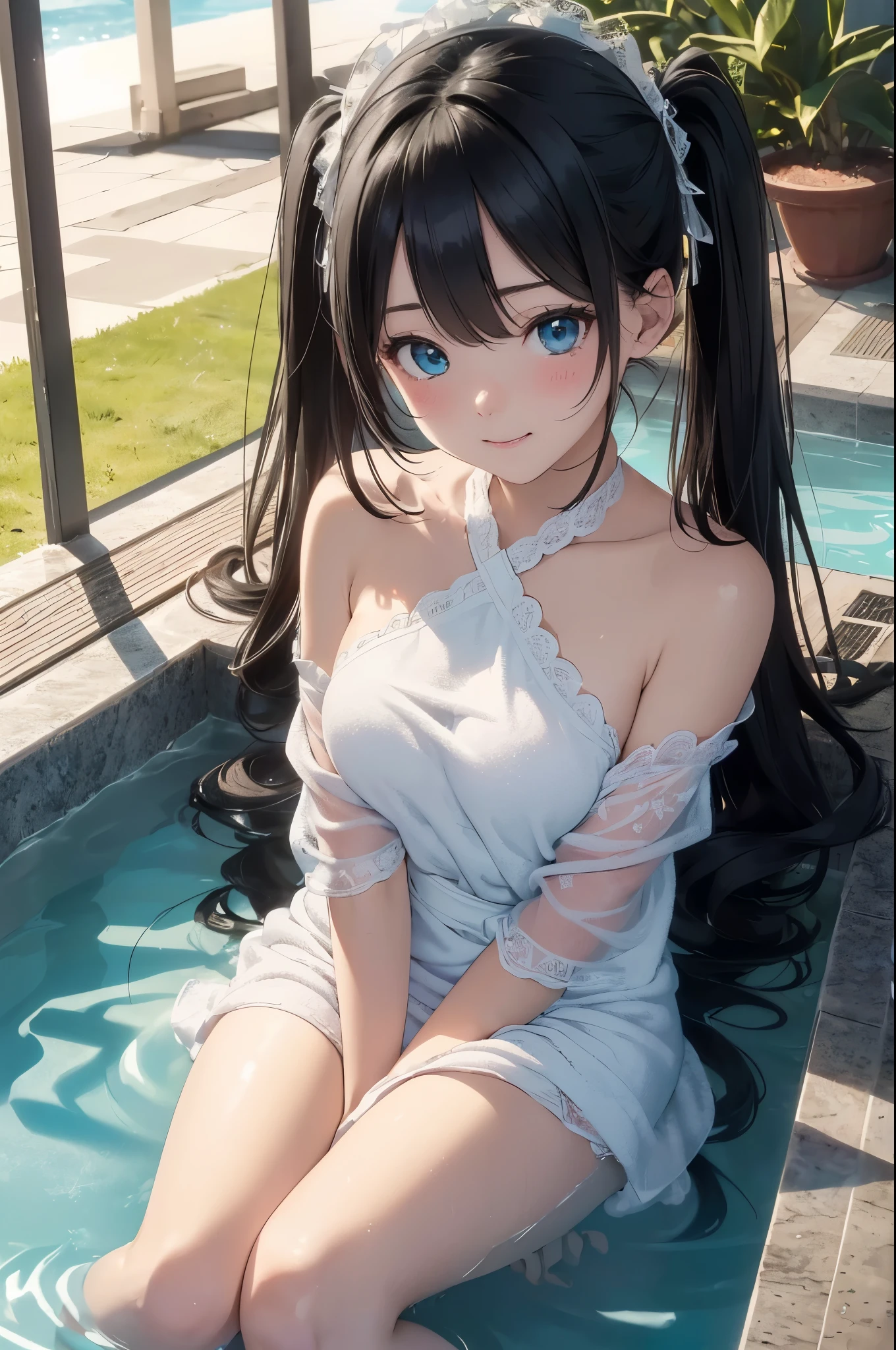 ((masterpiece)), ((highest quality、Ultra high definition)), (Very detailed),((8k、Photo quality))、((Amazingly cute girl))、(****************,)、Two people, , (Beautiful emerald blue eyes), ((smile)),((A luxurious Japanese-style open-air bath at a high-class hotel)), Beautifully arranged black hair in twin tails、Slim Body、(Cute little breasts)、(((They are wearing a white bath towel wrapped around their body.)))、Professional Lighting、(White lace knee-highore detailed and beautiful)、(More details and cutenesore realistic)、((Just wear light clothing))、Frolic in the pool、(Too cute)、(The embodiment of cuteness)、(Godly cuteness)、((Night view))、((It seems visible but it&#39;s not))、