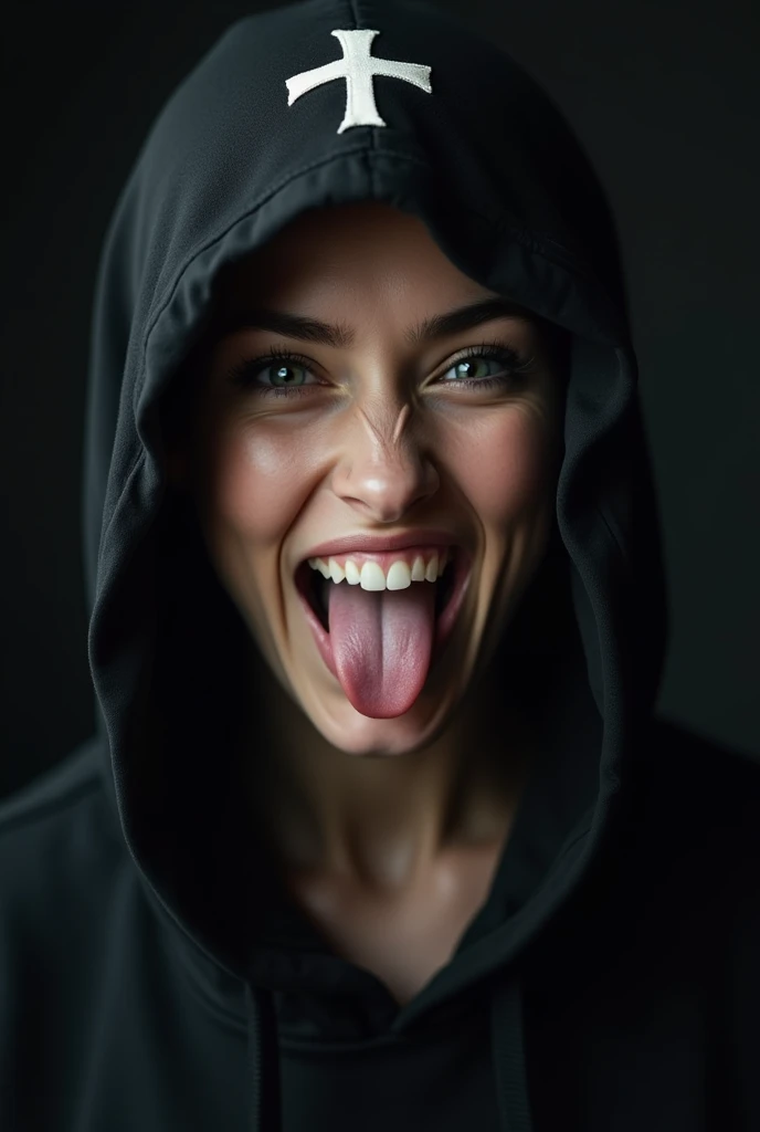 Close-up portrait of a young woman with a rebellious and defiant expression. His face is in the foreground, softly and dimly lit, highlighting her light skin. He wears a black hood that covers most of his head., leaving only his mouth and tongue visible. About the hood, A white cross stands out at the top, contrasting with the dark fabric. the woman has her mouth open, showing a wide, provocative smile while sticking her tongue out, creating a bold and defiant effect. The light is subtle, with soft shadows that add a dramatic touch to the face and hood. The style is hyperrealistic, capturing the details of the fabric texture, Shiny teeth and wet tongue,The hood covers his eyes and nose,only the mouth visible
