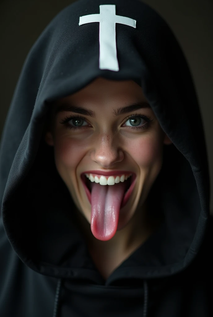Close-up portrait of a young woman with a rebellious and defiant expression. His face is in the foreground, softly and dimly lit, highlighting her light skin. He wears a black hood that covers most of his head., leaving only his mouth and tongue visible. About the hood, A white cross stands out at the top, contrasting with the dark fabric. the woman has her mouth open, showing a wide, provocative smile while sticking her tongue out, creating a bold and defiant effect. The light is subtle, with soft shadows that add a dramatic touch to the face and hood. The style is hyperrealistic, capturing the details of the fabric texture, Shiny teeth and wet tongue,The hood covers his eyes and nose,only the mouth visible