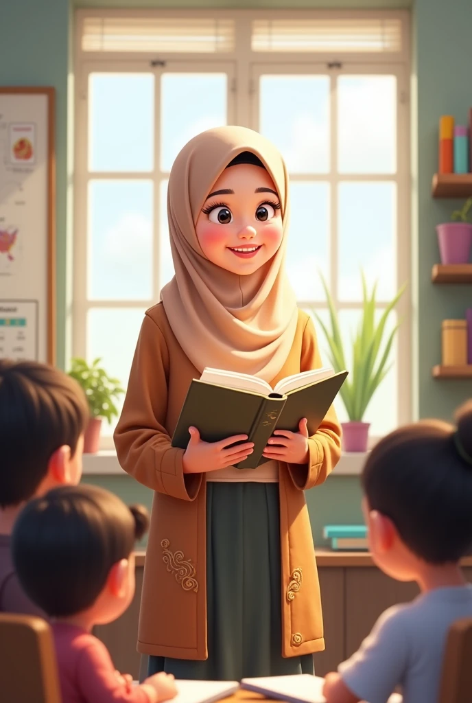 make a professions characters with transparent image , a teacher with book , wear tudung cutee and beautiful and handsome character , white-skin character cartoon