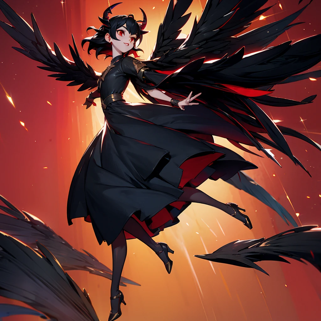 A girl with black hair with a red ribbon, black wings, a long black dress with a gold armband, white horns, black lips, and shiny red sequined shoes.