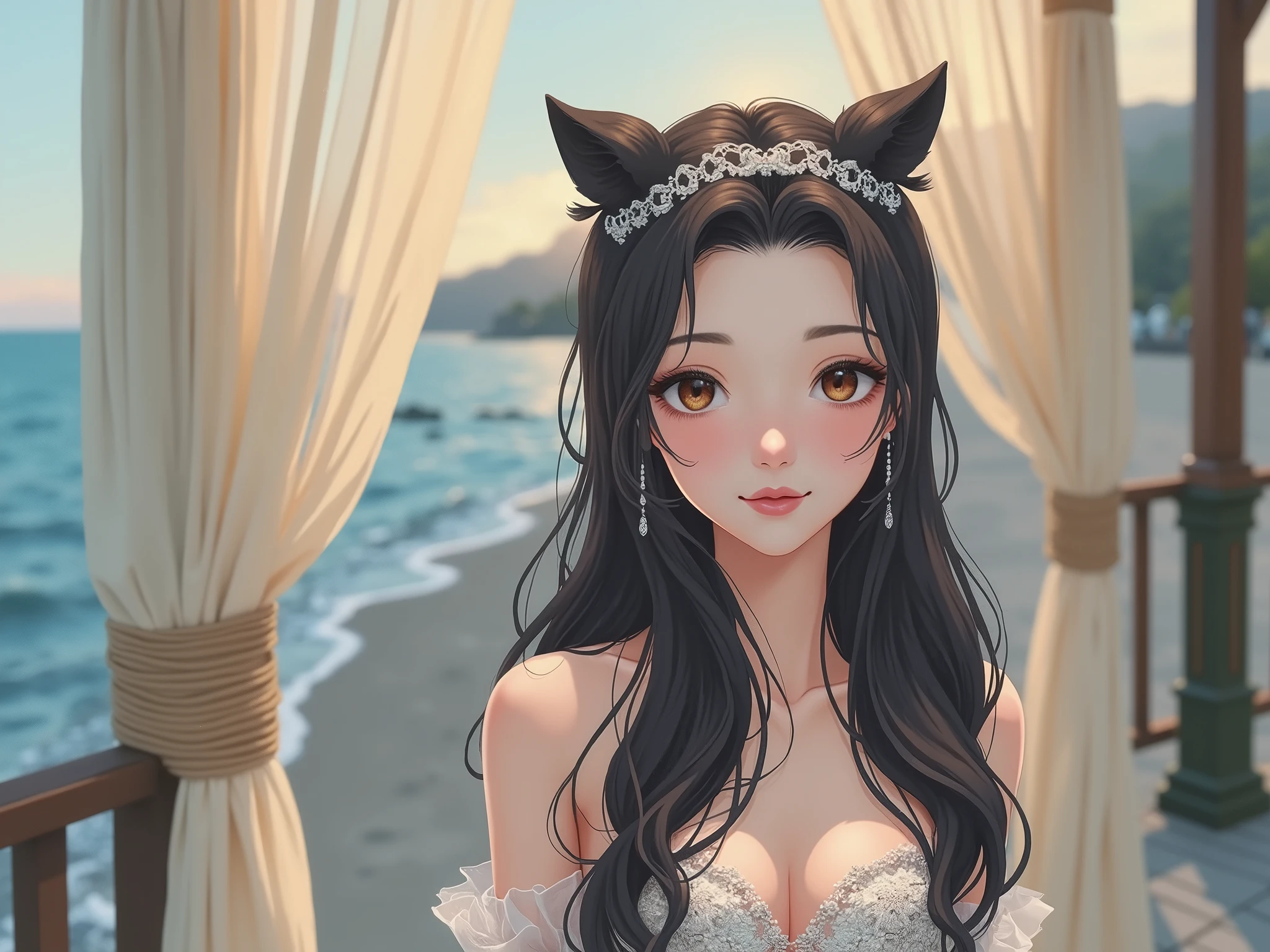 Create anime character from photo, beautiful woman with long black hair, big brown eyes, charming pose, elegant dress with embroidery, setting beach sea, sunset time.