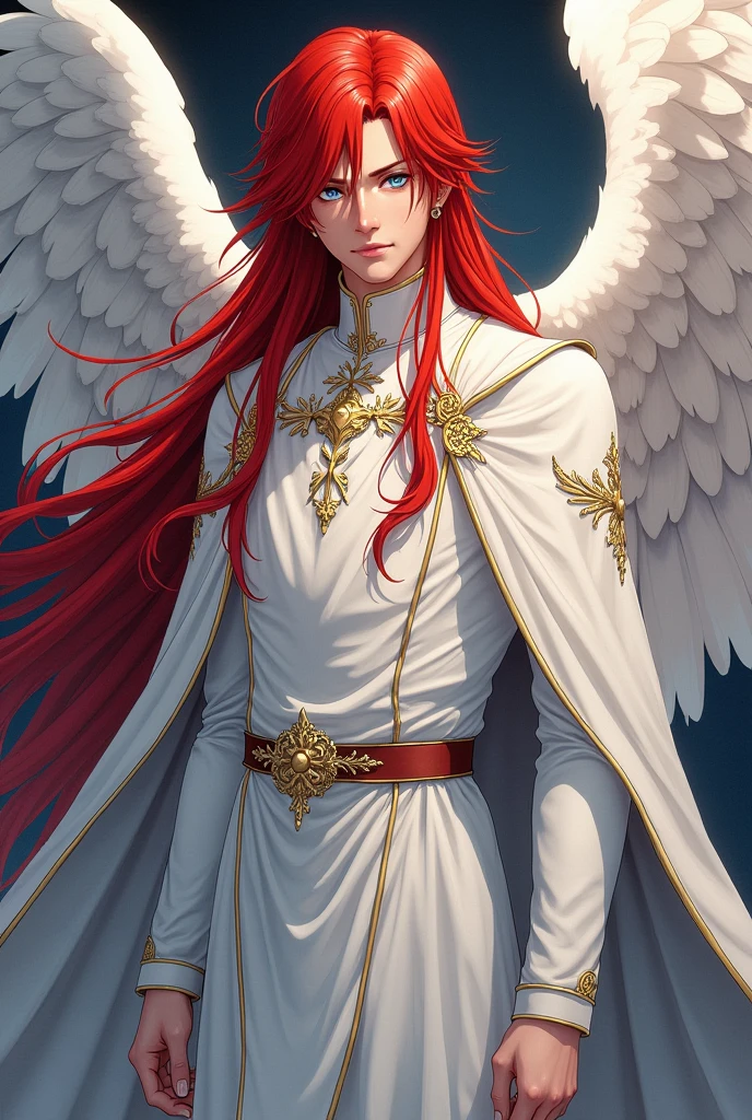 Long blood red haired angel . Male. Wearing priest clothes. Skinny. (Manga)