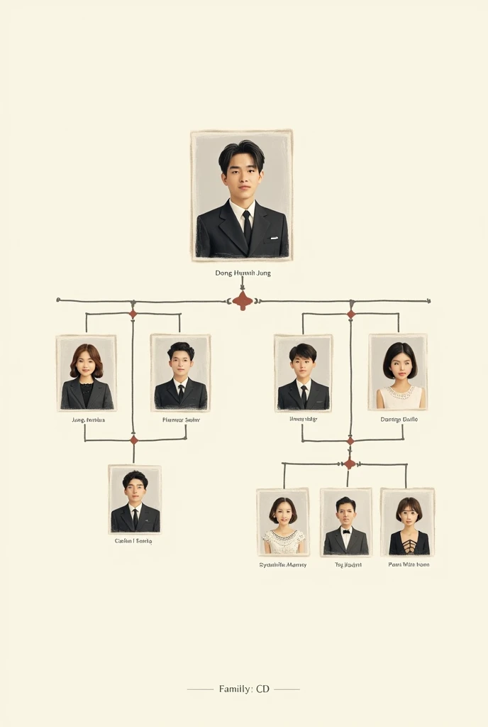 We need a family tree with Dong Hwan Jung at the top. This man married two women: one named **?** and the other named Carla da Silva. The child of **?** is Jung Hoseok, and the child of Carla da Silva is Taehyung. In the next line, Carla da Silva marries a man named Kim Jung Woo. From Kim Jung Woo, the tree should branch out to show that he has two children.