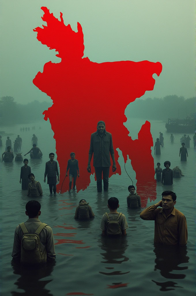 I want to create flooded bangladesh surreal art,red bangaldeshi map and background covered by Bangladeshi flooded people and animal sadistic also