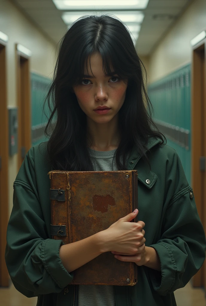Generate a image where a highschool student is holding a diary of secrets