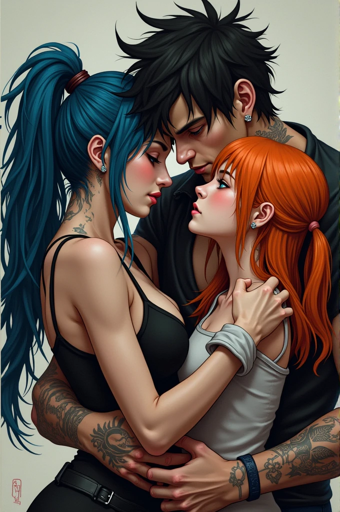 A girl with long blue hair, rough in appearance, high,A high boy with messy black hair and high intimidating appearance,tattoos and piercings, Both smiling and in the middle of them they hug and look lasciviously at a beautiful and innocent girl with orange hair,blushing and nervous.All of them look adult and attractive..