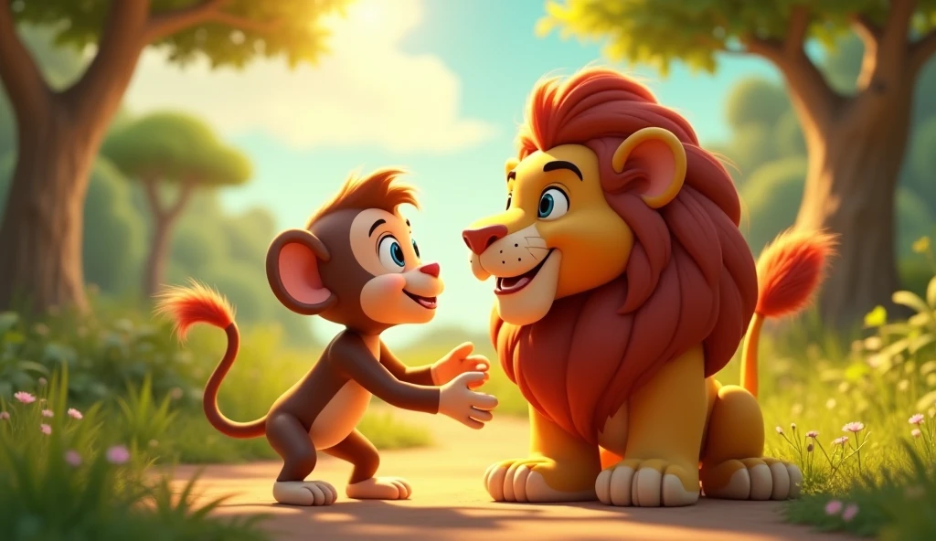 Create 3D cenametic cartoon animation of this prompt "Cut to a montage of the monkey and lion becoming friends"