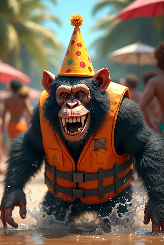 Ape that looks crazy, wearing safety water vest and party hat