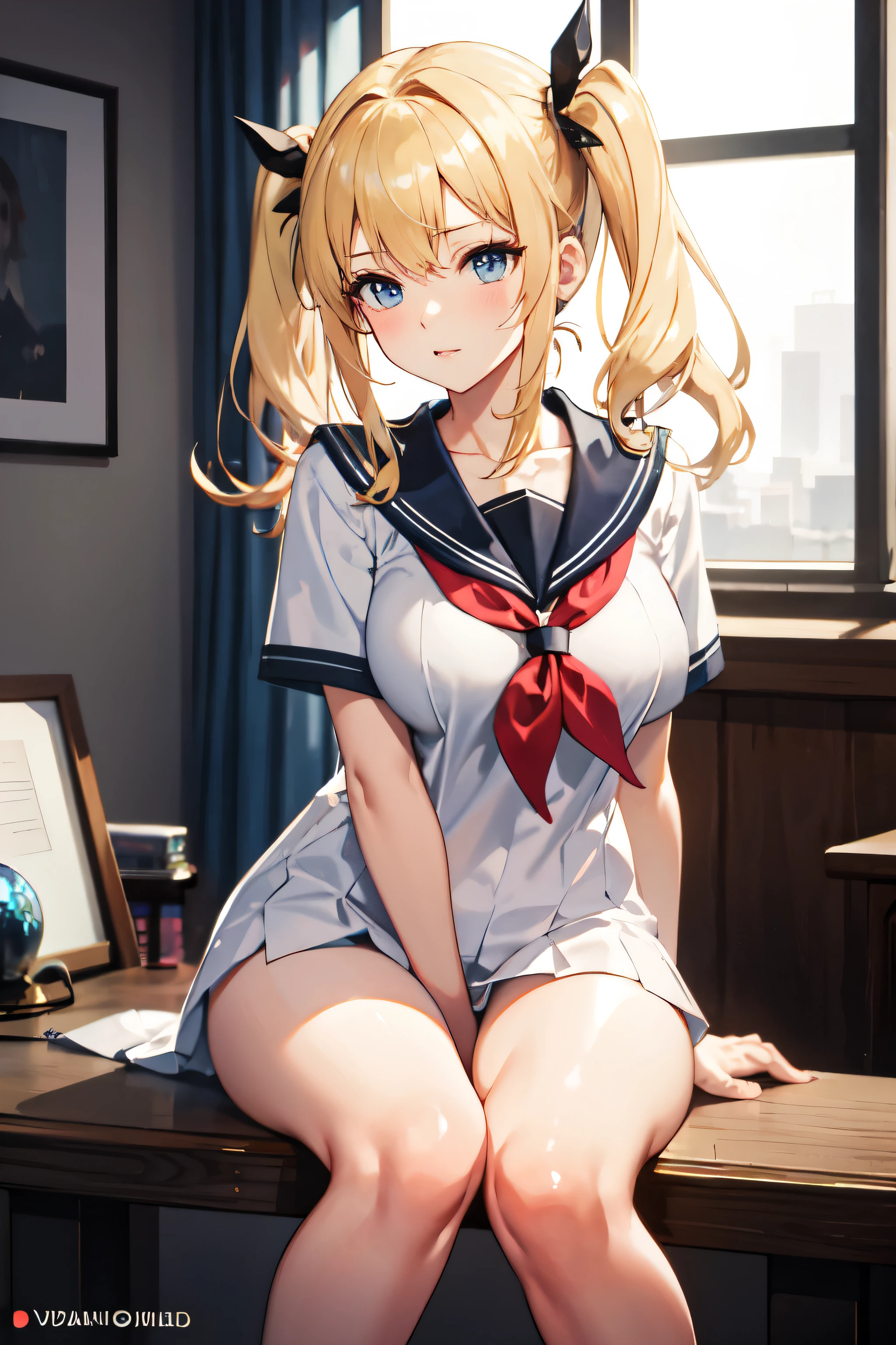 1 girl, school swimwear, Blue One Piece Swimsuit, (Sailor school uniform only for the upper body), (white short shirt), summer clothes, Red Ribbon Tie、masterpiece, Best Quality, High quality, High Definition, Finely detailed, Detailed texture, realistic representation of face, Realistic, Colorful, Ray tracing, (((lighting forward))), ahegao, (((crying))), (((clenched teeth))), (drooling), (((steam))), (((eyes focus))), (glowing eyes),  (Detailed beautiful delicate face, Detailed beautiful eyes, A perfectly proportioned face, High detailed skin, best ratio four finger and one thumb, (((Glowing white shiny skin))),(((oiled skin))),  (((Open legs))), small breasts,   ((sitting on a bed with one knee up)), ((Smooth texture, Realistic texture, Photorealistic)), (((Green eyes))), (((blonde semi-long hair, ponytail))),  (Beautiful face, Cute face, Detailed face)