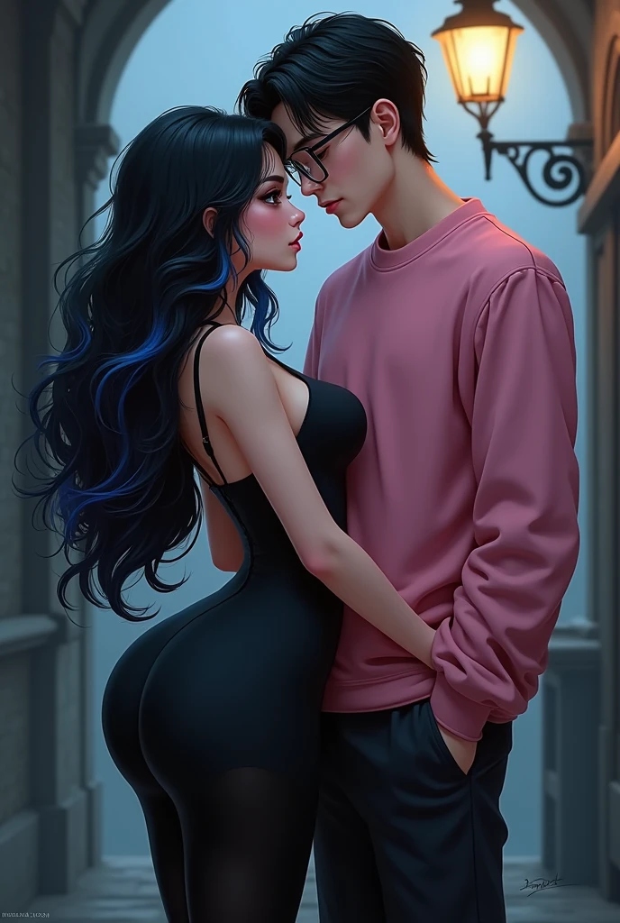 Couple of boyfriends she gothic with curvy body big cheeks big butt black hair with blue big brown eyes light skin, dressed in black, He has straight hair combed up and small rectangular glasses and a wide nose and a pink sweatshirt and black pants
