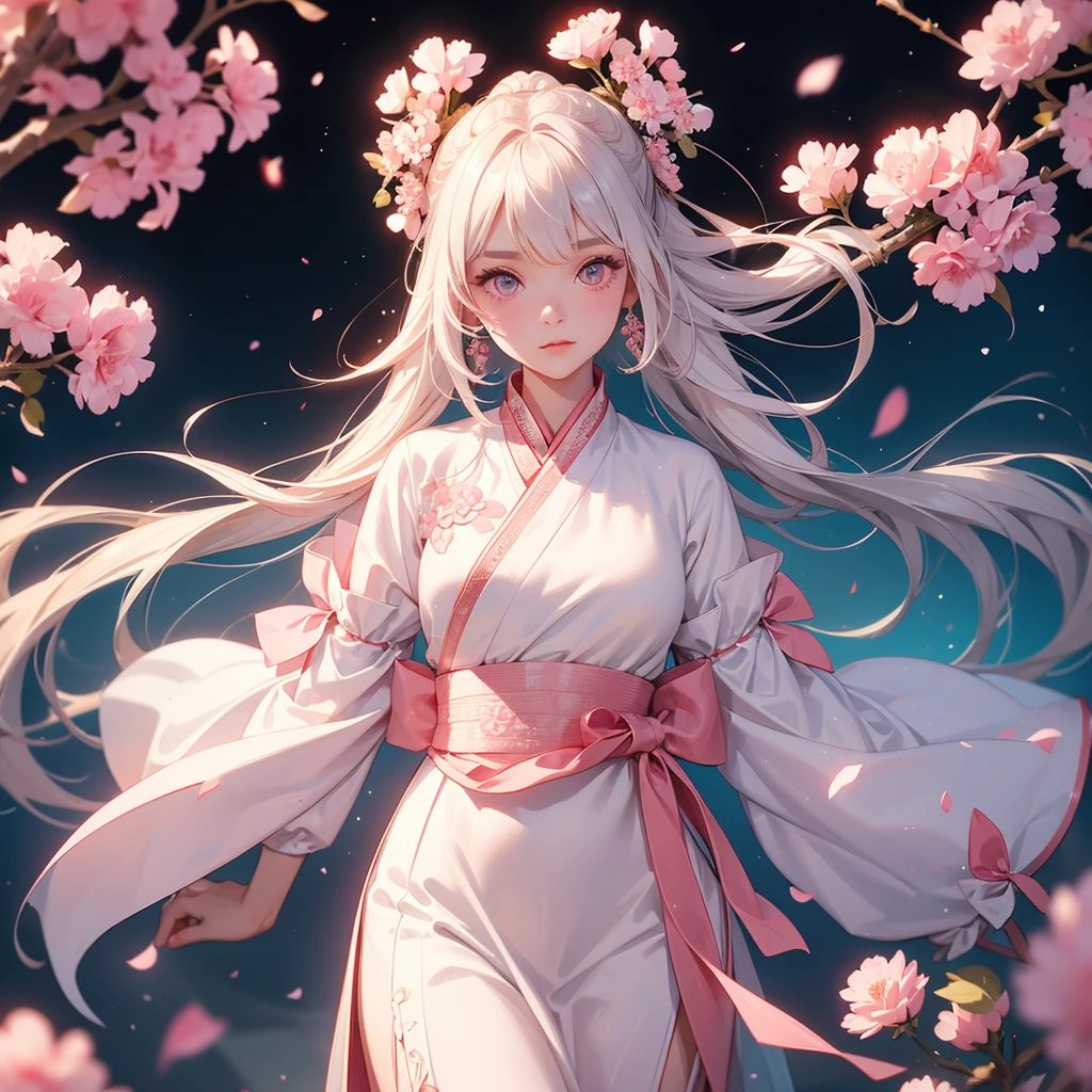 A beautiful female in white hanfu dress , Standing in the middle of pink carnations,close up.