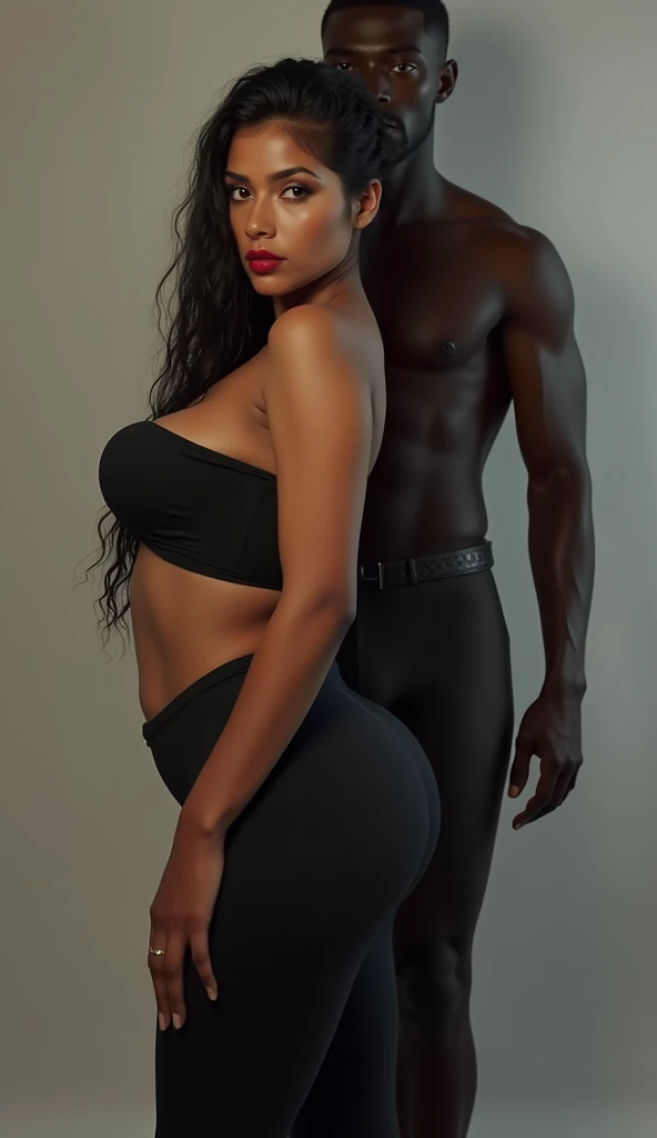 hot slim curvy white south indian milf with long single plaited hairstyle, big breast, big hip, very big ass, thick thighs, woman wearing loose-off shoulder top and leggings, bending over, sexy pose, looking at camera, black man standing back of woman