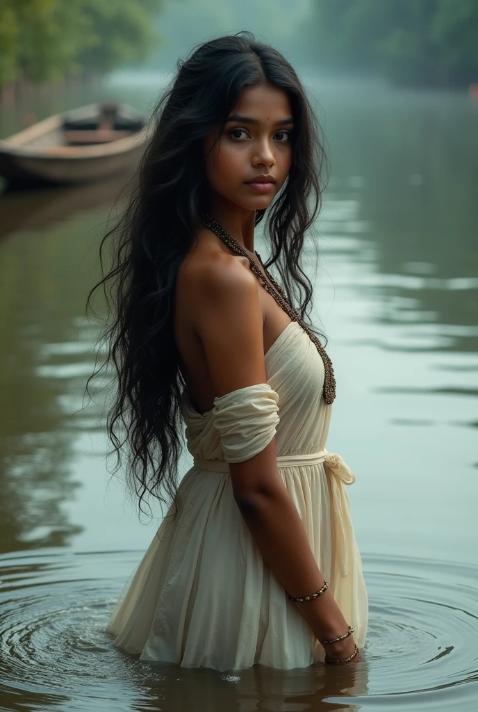 A beautiful bengali girl with hot tits stand up in flood river beside a baot in bangladesh 